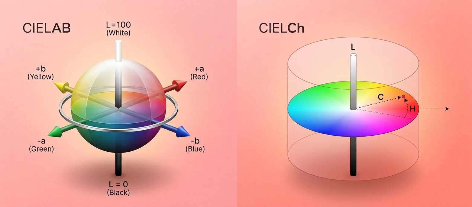 CIELAB sphere and CIELCh cylinder — the two standard forms of perceptual color space